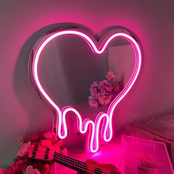 Светодиодная неоновая вывеска с зеркалом в виде сердца с розовым подсветкой, зеркало для макияжа, украшение комнаты для девочек, Атмосферный ночной светильник USB + с питанием от аккумулятора Изображение