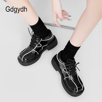 Gdgydh, Классические оксфорды на платформе, женская обувь в стиле ретро из лакированной кожи с перекрестной шнуровкой, разноцветные туфли на массивном каблуке в японском стиле Изображение
