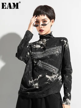 [EAM] Женская футболка Большого размера с Нерегулярным принтом на молнии, Новая Водолазка с длинным рукавом, Мода Tide, Весна-Осень 2023 1DD1437 Изображение