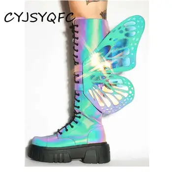 CYJSYQFC/ Съемные женские сапоги до колена с объемной бабочкой, Светоотражающие ботинки на плоской платформе со шнуровкой, Сапоги на толстой подошве Изображение