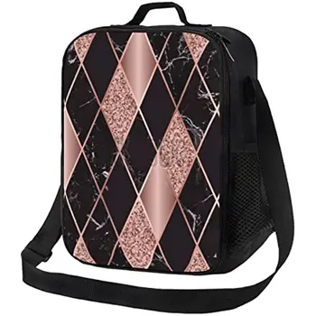 Многоразовая сумка-тоут из розового золота и мрамора, розово-черная Геометрическая сумка для ланча с держателем для бутылки с водой и регулируемым плечевым ремнем для офиса Изображение