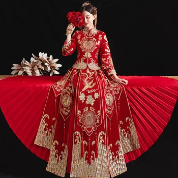 2022 Women Toast Qipao Red Phoenix Embroidery Cheongsam Traditional Classic Wedding Dress костюм для восточных Изображение