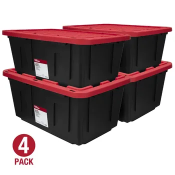 Сверхпрочный Пластиковый контейнер для хранения с защелкивающейся крышкой емкостью 27 галлонов, черный с красной крышкой, набор из 4 Изображение