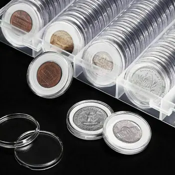 100 Шт., коробка для капсул для монет Диаметром 27 мм, круглый держатель, Пластиковый Прозрачный пылезащитный чехол, защищающий герметичное хранение коллекции Изображение