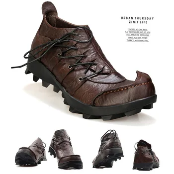 Мужские повседневные лоферы из натуральной кожи для мужчин в британском деловом стиле для отдыха в Доках, Обувь на платформе со шнуровкой и круглым носком, Уличные кроссовки Изображение
