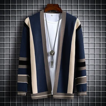 2021 Весенне-осенний мужской свитер, кардиган в корейском стиле, модная верхняя одежда, молодежный свитер, осенняя мужская куртка в вертикальную полоску Изображение