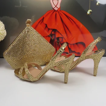 Шампанское Кристалл невесты свадебные туфли и сумка набор женщина тонкий каблук лодыжки ремень обувь сопоставления сумки заостренный носок насосы высокого Изображение