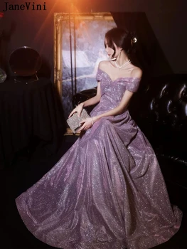 JaneVini Элегантное Фиолетовое Вечернее Платье для Выпускного вечера для Женщин 2023, Роскошные Дизайнерские Вечерние Блестящие Длинные Платья с открытыми плечами для Особых Случаев Изображение