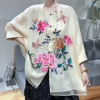 Высококачественный Весенне-летний Топ в стиле китайской династии Тан, Ретро Вышивка, Элегантная женская Шелковая блузка, размеры S-XXL Изображение