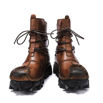 Мужские ботинки из натуральной кожи, Ботинки в готическом стиле панк, Мотоциклетные ботинки, Армейские ботильоны в пустыне, Защитная обувь, тактические ботинки, зимние Изображение