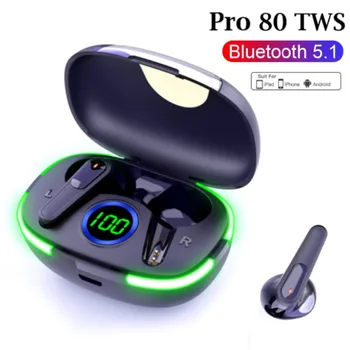 Наушники TWS Pro 80 Bluetooth со светодиодными беспроводными наушниками, спортивные Шумоподавляющие спортивные гарнитуры с микрофоном, наушники fone Изображение