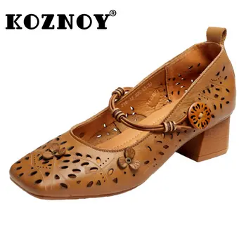 Женская обувь Koznoy 4 см, Летние туфли-лодочки на не сужающемся книзу массивном каблуке, Сандалии с эластичной лентой, натуральная кожа, дышащие сандалии с круглым носком Изображение