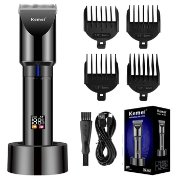 Kemei перезаряжаемый электрический триммер для волос с титановым лезвием, керамическая парикмахерская, мужской триммер для волос, парикмахерский дисплей, ЖК-дисплей km-3293 Изображение