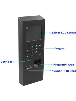 2,8 дюйма 125 кГц RFID Биометрические Часы с Отпечатком Пальца Клавиатура Контроля Доступа Электронная USB TCP/IP RS485 Посещаемость Времени 2000 Пользователей Изображение