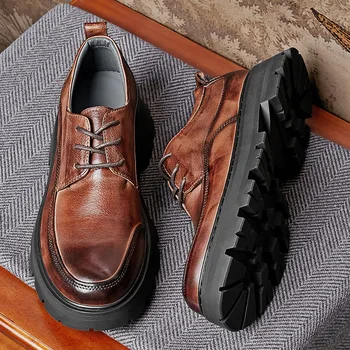 Повседневная обувь для зрелых мужчин, мягкая натуральная кожа, деловые туфли в стиле ретро на шнуровке, универсальные оксфорды, Размер 44 Изображение