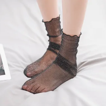 Серебристые чулки, тюлевые женские ультратонкие Сексуальные Кружевные Сетчатые Носки в сеточку, Прозрачные Эластичные женские крутые носки, 1 пара = 2 шт. Изображение