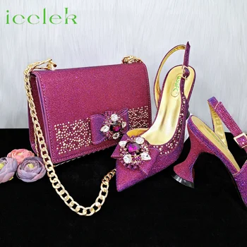 2023 г., Пурпурный цвет, Высококачественные туфли с острым носком и бабочкой, комплект с объемной сумкой для Нигерийской вечеринки Изображение