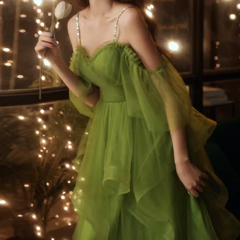 Новое Милое Элегантное Зеленое Платье Женское Подиумное С Рюшами До середины Икры Леди Принцесса Банкетное Роскошное Благородное Бальное Платье 2023 Новая Мода Изображение