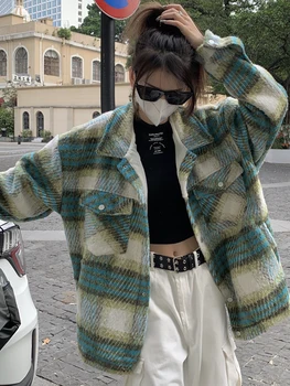 Корейское зимнее новое модное пальто в клетку Women2022 Harajuku High Street, Свободная винтажная куртка с отложным воротником, теплая хлопчатобумажная одежда Изображение
