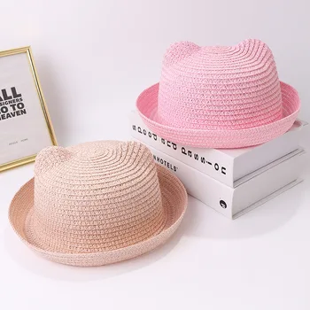 Детская одежда COZULMA, летние детские солнцезащитные шляпы с кошачьими ушками и бантом, мужские и женские солнцезащитные шляпы с куполом, детские пляжные солнцезащитные шляпы, фетровые шляпы Изображение