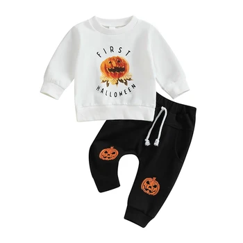 Одежда Для новорожденных мальчиков и девочек на Хэллоуин, толстовка с длинными рукавами и принтом тыквы, брюки с летучей мышью, мои первые наряды на Хэллоуин Изображение