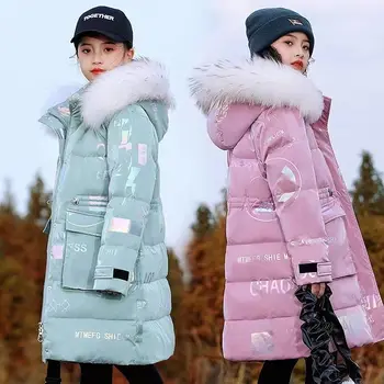 Корейская детская пуховая верхняя одежда, зимняя одежда для мальчиков и девочек-подростков, Парка с хлопковой подкладкой, пальто, утепленные теплые длинные куртки Изображение