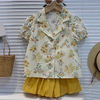 2023 Новый Летний костюм для девочек, Рубашка с цветочным рисунком + Шорты, 2 предмета, повседневный комплект с короткими рукавами, Детская одежда, Детская одежда Изображение