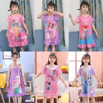 Ночная рубашка принцессы Диснея с Микки Маусом для девочек, детское летнее платье с короткими рукавами, Имитирующее шелковое платье для девочек, Кигуруми Изображение