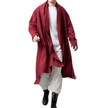 Льняная мужская куртка в стиле ретро, китайский ветровой тренч, Мужское нерегулярное Свободное Пальто средней длины с вышивкой Изображение