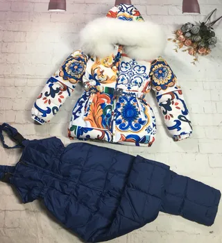 2023, Россия, Зимний Детский лыжный костюм для девочек с воротником из натурального меха, Куртка для маленьких девочек, Комбинезон, Зимний костюм для детей 0-12 лет, Парка для подростков Изображение