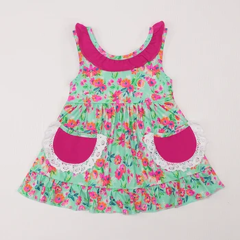 Кружевное платье для маленьких девочек от 1 до 8 лет, Цельная розовая одежда с цветочным Рисунком, Боди с карманами, Милая Юбка, Милые розовые наряды с принтом для малышей Bebes Изображение