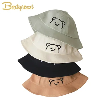 Новая шапка для мальчика с медведем, Хлопковая Осенняя Корейская шапочка для девочек, Защита от Солнца, Детские Шляпы-ведра, Детская Панама, Аксессуары 5-18 м Изображение