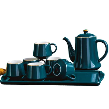 Набор чайных чашек из 8 предметов, Роскошный Костюм из керамической чашки Павлиньего цвета с подносом, Коллекция для домашнего Офиса, Костюм для чайника, Фестивальные подарки Изображение