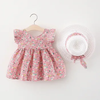 Новое летнее платье для маленьких девочек из 2 предметов с цветочным принтом, розово-голубое декоративное платье без рукавов и шляпа с бантом, комплект Изображение