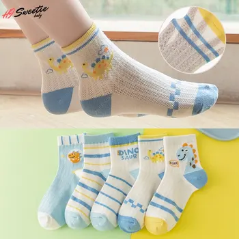 5 Пар детских носков, сетчатые носки с мультяшными животными для мальчиков, носки в пол для маленьких девочек, летние детские носки от 1 до 13 лет Изображение