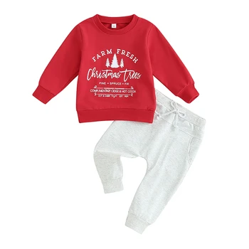Рождественские наряды для маленьких мальчиков с надписью, Пуловер с круглым вырезом и длинными рукавами, Толстовка, Брюки, Комплект одежды из 2 предметов Изображение