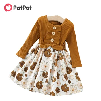 PatPat/Платье с цветочным принтом для малышей, платье с длинными рукавами, детская одежда для девочек Изображение