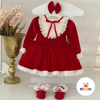 Платья с длинными рукавами для девочек, осенне-зимний теплый костюм Принцессы с оборками для Дня Рождения, Детский Красный Рождественский наряд Изображение