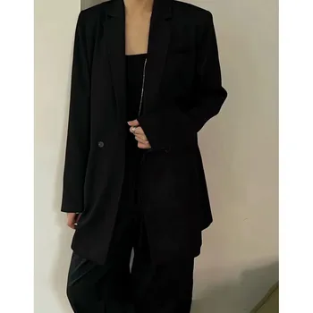 Осенне-зимний дизайн, черное пальто, сшитый вручную женский блейзер средней длины Изображение