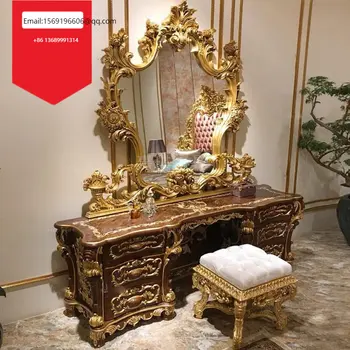 Изготовленная на заказ французская роскошная мебель европейского двора из массива дерева ручной работы, комод из золотой фольги, косметическое зеркало, дворец вилли Изображение