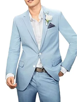 Светло-синие мужские костюмы, 2 предмета, официальные свадебные костюмы с лацканами, смокинги на двух пуговицах, смокинги для жениха (блейзер + брюки) Изображение