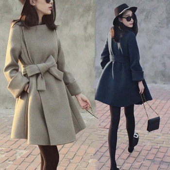 2023 Весенняя новая Женская корейская версия шерстяной куртки с узкой талией, галстук в длинном разрезе, шерстяное пальто Tide Осень Ms Изображение
