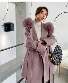 Новое Крупногабаритное Свободное кашемировое женское пальто, Шерстяное пальто, зимняя куртка с регулируемым поясом, воротник из натурального лисьего меха, Весенняя верхняя одежда Изображение