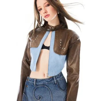 Американское ретро сексуальное повседневное тонкое короткое пальто 2023y2k, осенняя новая джинсовая кожаная куртка на молнии с дизайнерским дизайном, женская Изображение
