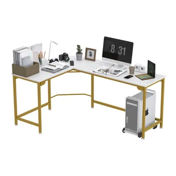 Угловой компьютерный стол L-образной формы - белый с золотой рамкой Изображение