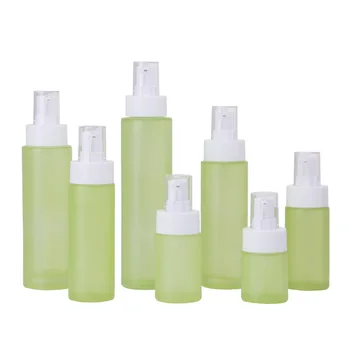 Бутылки с матовым зеленым насосом для лосьона, дозатор для жидкой основы и сыворотки для ухода за кожей, стеклянные бутылки для лосьона объемом 20 ~ 120 мл с белым насосом Изображение