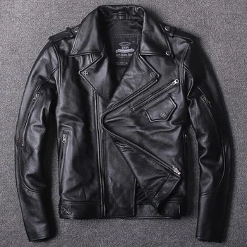 Новая Профессиональная байкерская куртка Из натуральной кожи, Мужские мотоциклетные куртки, Мужская куртка на косой молнии, Защитное снаряжение, Мужское пальто из воловьей кожи Изображение