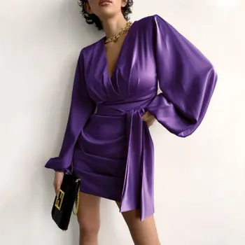 2023 весеннее новое французское легкое роскошное высококачественное атласное женское вечернее платье с темпераментным V-образным вырезом, тонкое женское платье, бесплатная доставка Изображение