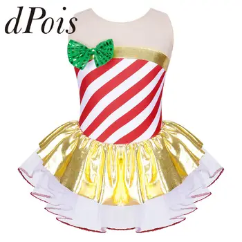Детское Полосатое Сетчатое Балетное платье в стиле пэчворк с металлическим принтом, трико-пачка, Рождественское платье для девочек, костюмы Санта-Клауса на Рождество, платье для катания на коньках Изображение