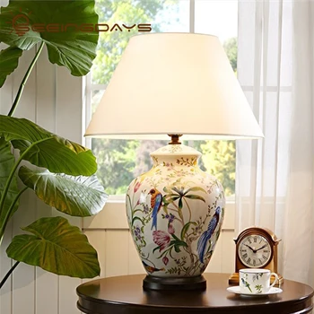 Керамическая настольная лампа с коралловым цветком и птицей, Ручная роспись, керамическая настольная лампа, потрескавшаяся глазурь, настольная лампа для гостиной Изображение